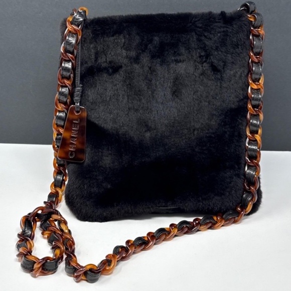 Vintage Chanel Black Rabbit Fur Shoulder Bag | Faux Tortoiseshell Chain | 1990s - Picture 1 of 10